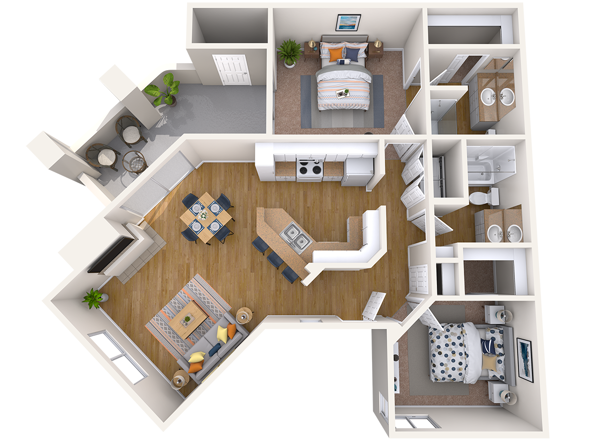 Floor plan for 2 beds, 2 baths, 1156 sqft